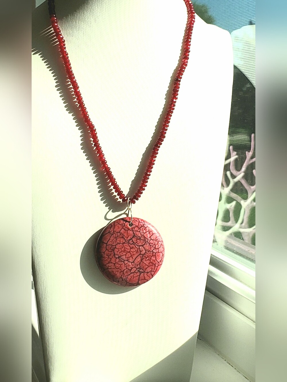 NEW Garnet Bead Strand W/ Red Dragon Veins Agate Gemstone Pendant Necklace-Clasp